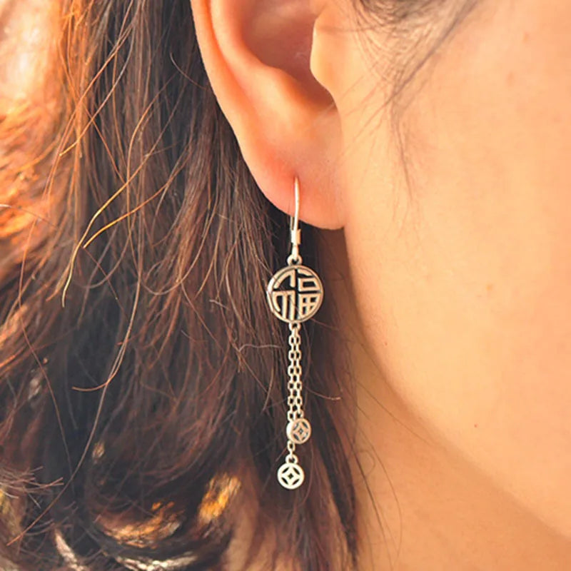 925 Silver Tassel Earring Vintage Coins Lucky Drop Jewelry