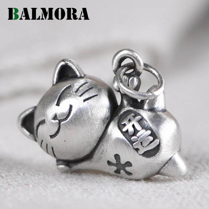 Pure Silver Cat Pendant Retro Good Luck Pendant Thai Silver Charm Jewelry