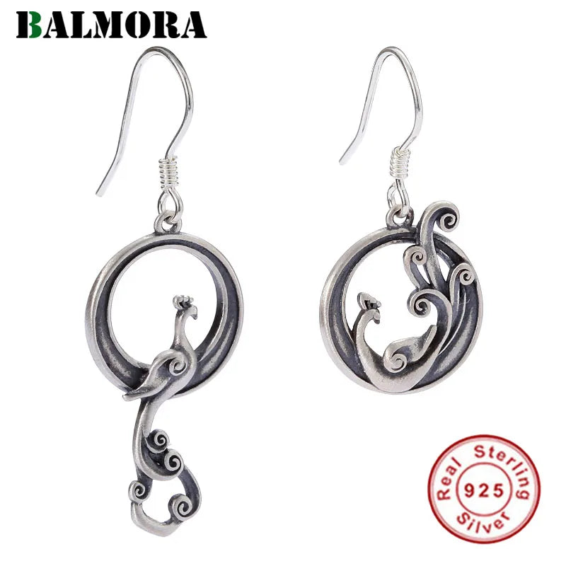 925 Silver Peacock Phoenix Earrings Vintage Dangle Drop Jewelry
