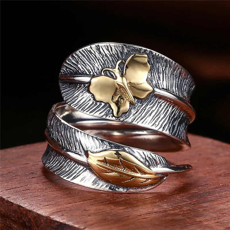 925 Silver Dragonfly Feather Leaf Retro Ring Women