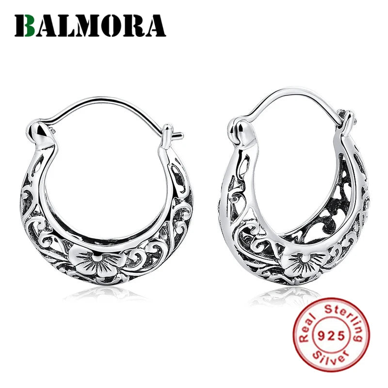 925 Silver Flower Oval Hoop Earrings for Women Ethnic Jewelry