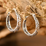 925 Silver Hollow Flower Clip Dangle Earrings Retro Ethnic Jewelry