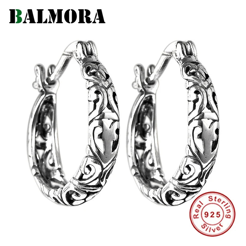 925 Silver Hollow Flower Clip Dangle Earrings Retro Ethnic Jewelry