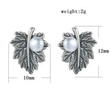 925 Silver Leaf & Pearl Retro Stud Earrings Women Gift Bijoux