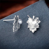 925 Silver Leaf & Pearl Retro Stud Earrings Women Gift Bijoux