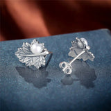 925 Silver Leaf & Pearl Retro Stud Earrings Women Gift Bijoux
