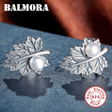 925 Silver Leaf & Pearl Retro Stud Earrings Women Gift Bijoux