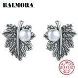 925 Silver Leaf & Pearl Retro Stud Earrings Women Gift Bijoux