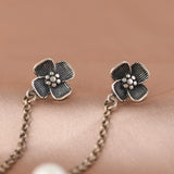 S925 Silver Flower Pearl Tassel Earrings Long Chain Dangle Jewelry