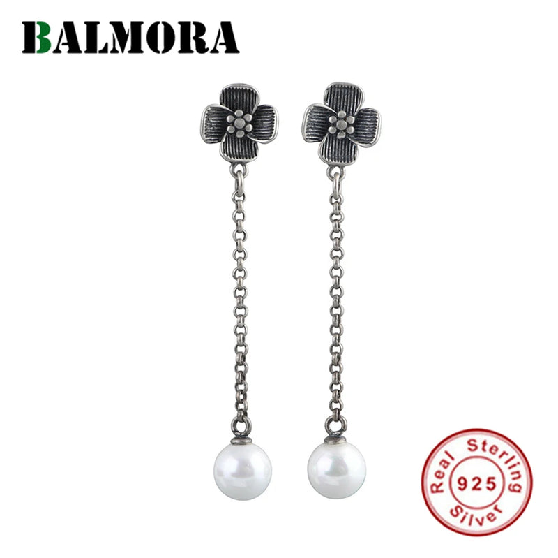 S925 Silver Flower Pearl Tassel Earrings Long Chain Dangle Jewelry