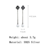 S925 Silver Flower Pearl Tassel Earrings Long Chain Dangle Jewelry