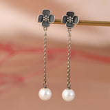 S925 Silver Flower Pearl Tassel Earrings Long Chain Dangle Jewelry