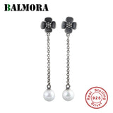 S925 Silver Flower Pearl Tassel Earrings Long Chain Dangle Jewelry