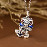S990 Silver Lucky Lion Dance Pendant Coin Tassels Chain Jewelry