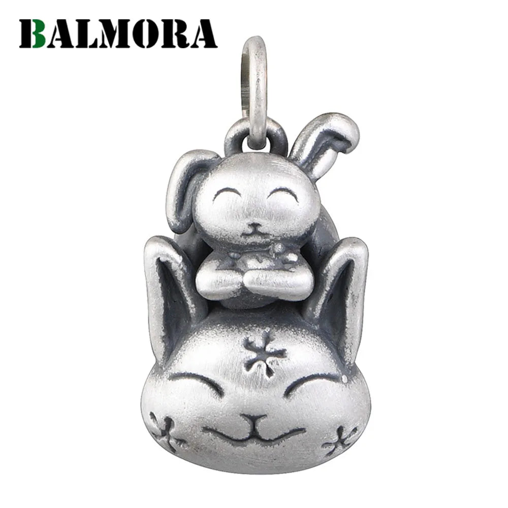 Real Silver Cartoon Bunny Pendant For Women Girl Vintage Lucky Hollow Pendant