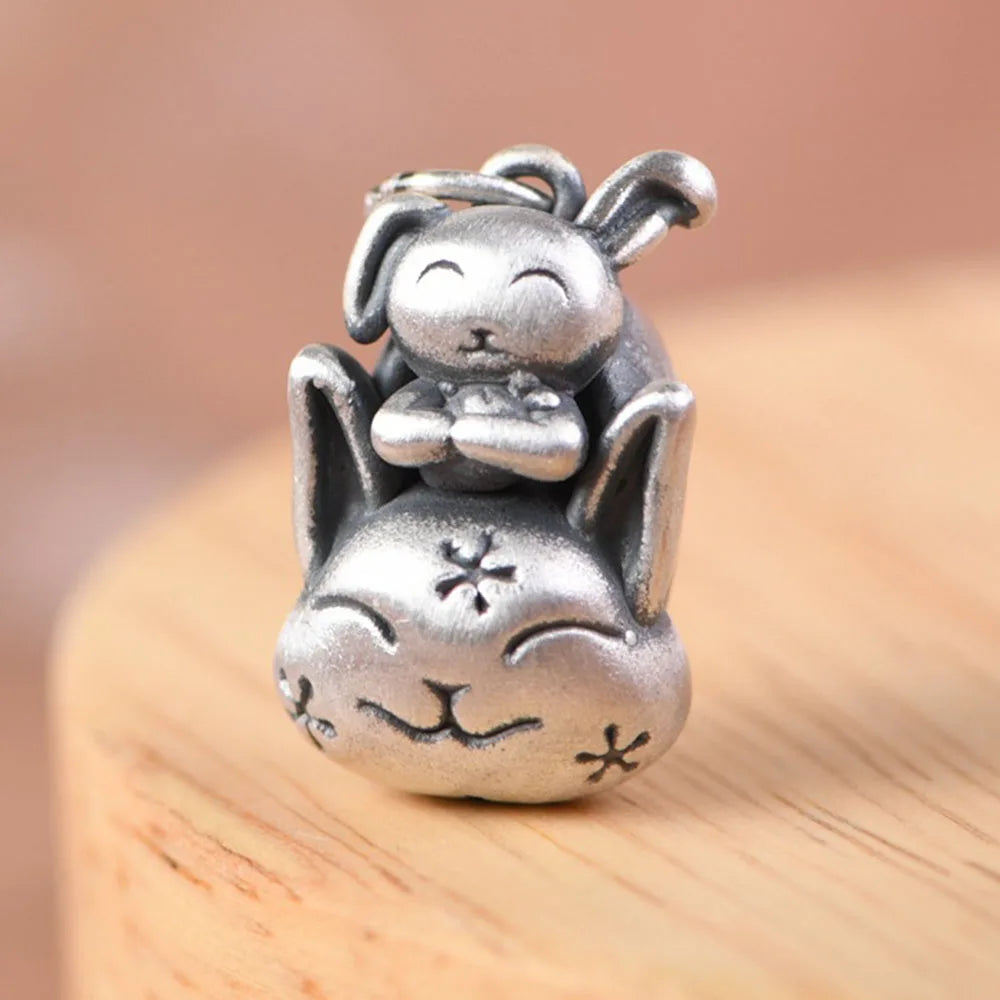 Real Silver Cartoon Bunny Pendant For Women Girl Vintage Lucky Hollow Pendant