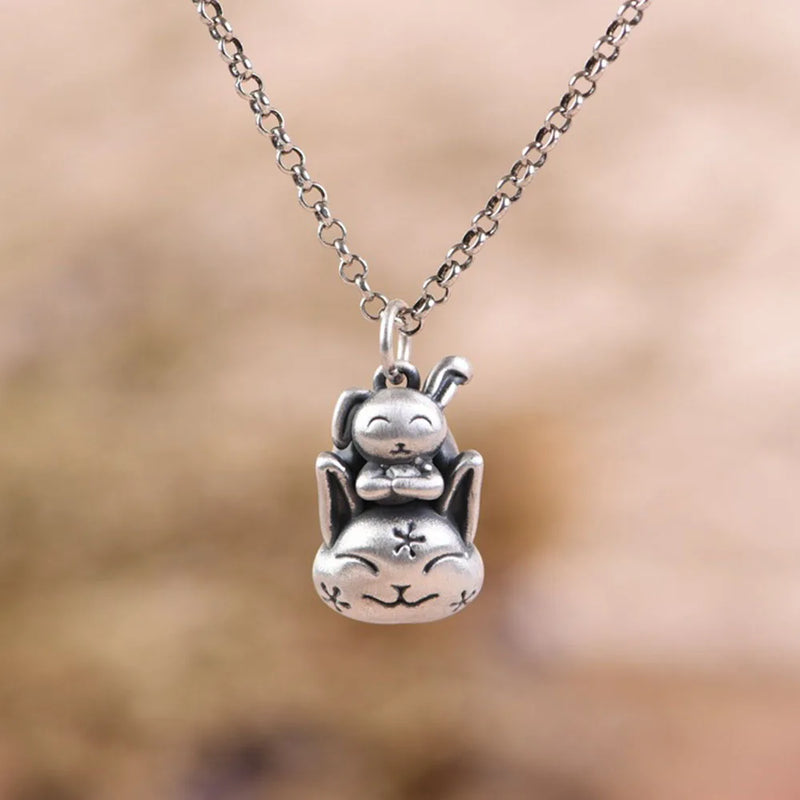 Real Silver Cartoon Bunny Pendant For Women Girl Vintage Lucky Hollow Pendant