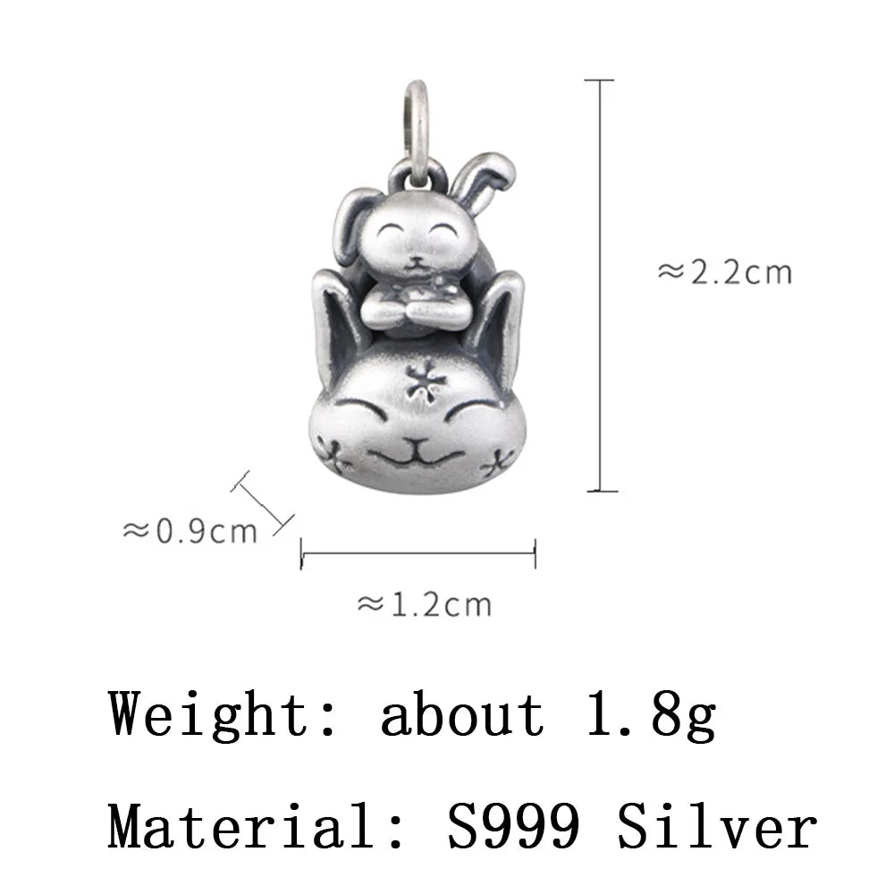 Real Silver Cartoon Bunny Pendant For Women Girl Vintage Lucky Hollow Pendant