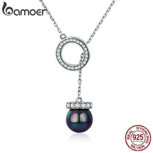 925 Silver Circle Shell Pearl Long Chain Pendant Necklace