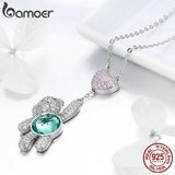 925 Sterling Silver Pink CZ Heart And Bear Animal Pendant Necklace