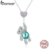 925 Sterling Silver Pink CZ Heart And Bear Animal Pendant Necklace