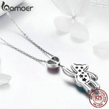 925 Sterling Silver Pink CZ Heart And Bear Animal Pendant Necklace