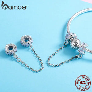 925 Silver Purple Enamel Daisy Safety Chain Stopper Charm