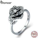 925 Silver Rose Flower CZ Tree Leaf Finger Ring Women Jewelry SCR382