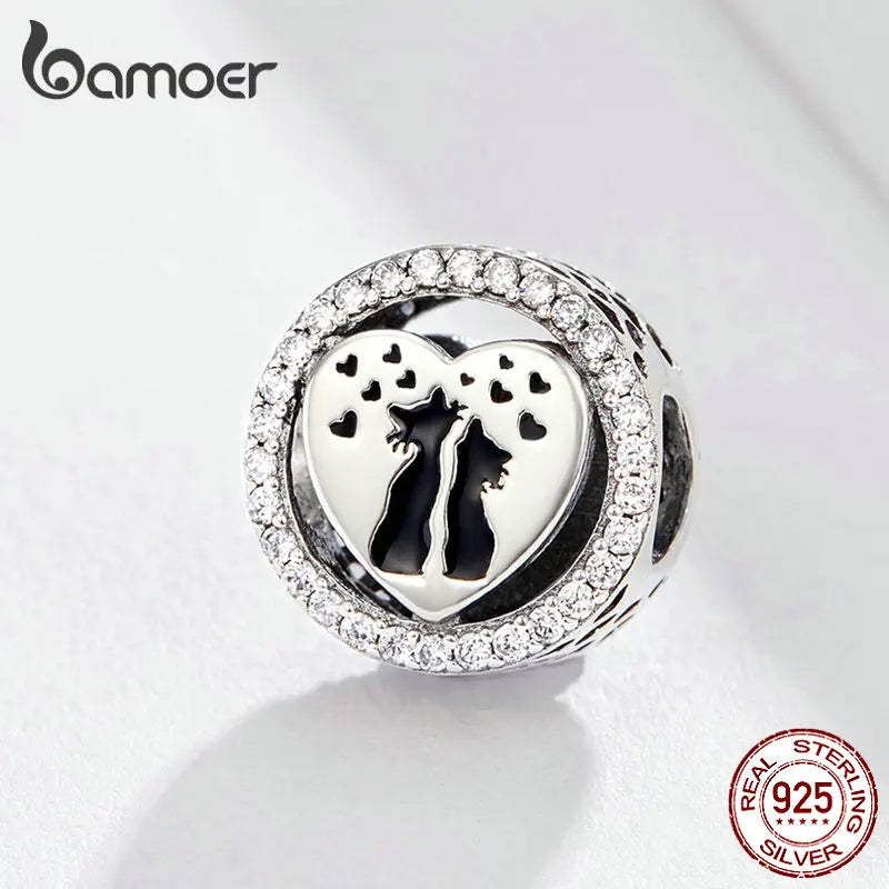 925 Silver Cat Couples Love Heart Charm for Bracelet & Bangle