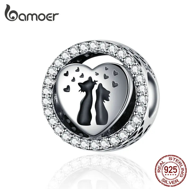 925 Silver Cat Couples Love Heart Charm for Bracelet & Bangle