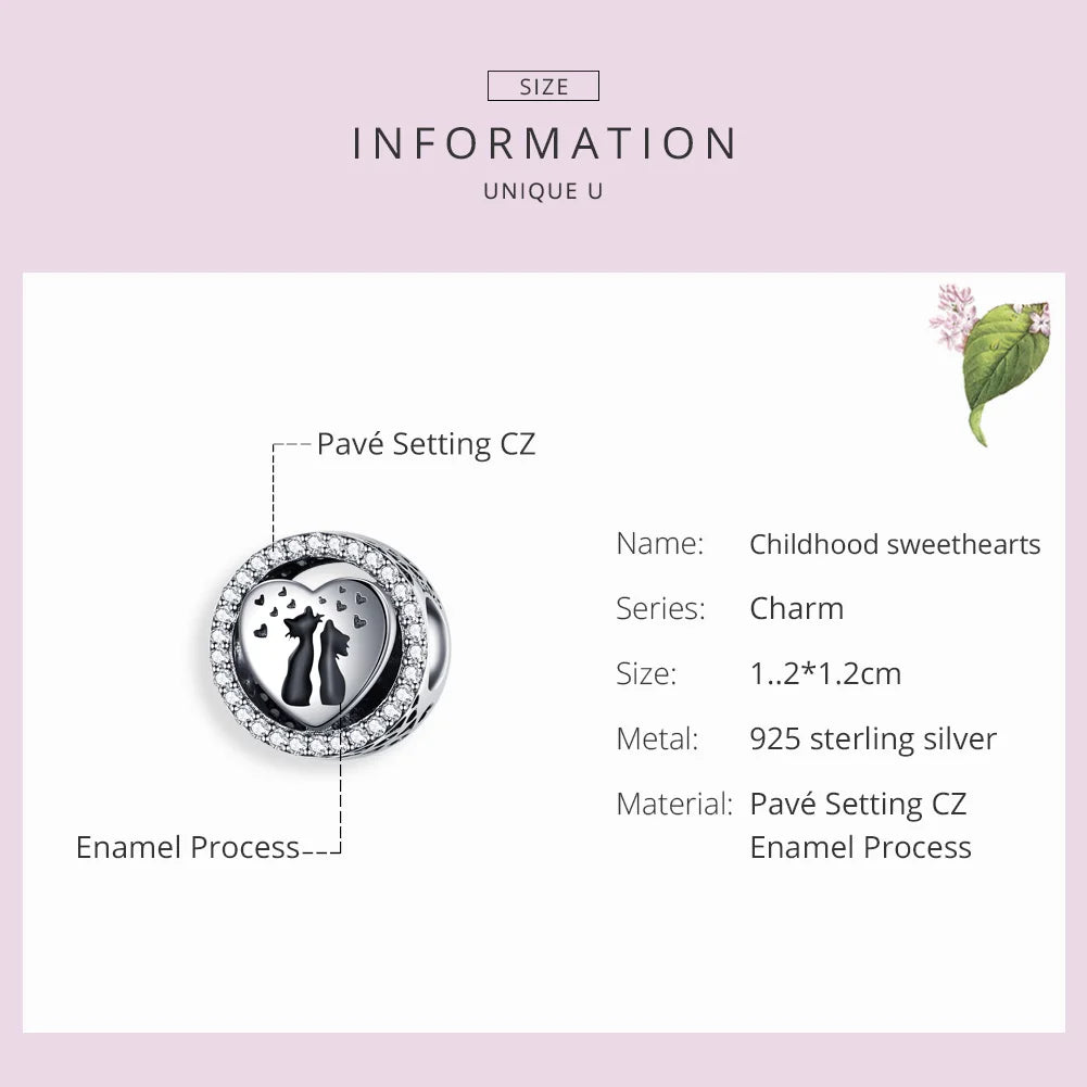 925 Silver Cat Couples Love Heart Charm for Bracelet & Bangle