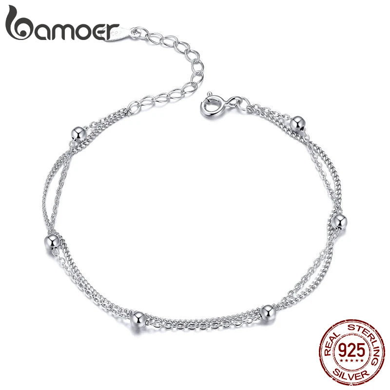 925 Silver Double Layers Beads Chain Bracelet Women Jewelry