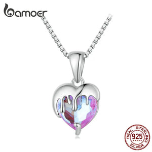 925 Silver Pink Heart Pendant Necklace for Women Platinum Plated Gift