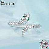 925 Silver Snake Ring Green Zircon Retro Textures Jewelry
