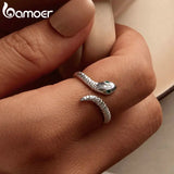 925 Silver Snake Ring Green Zircon Retro Textures Jewelry