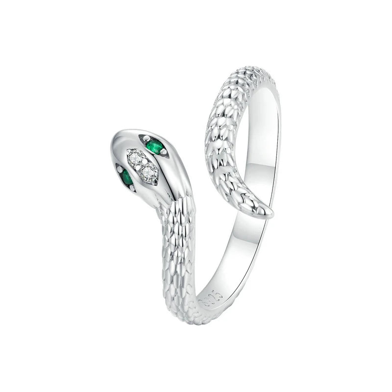 925 Silver Snake Ring Green Zircon Retro Textures Jewelry