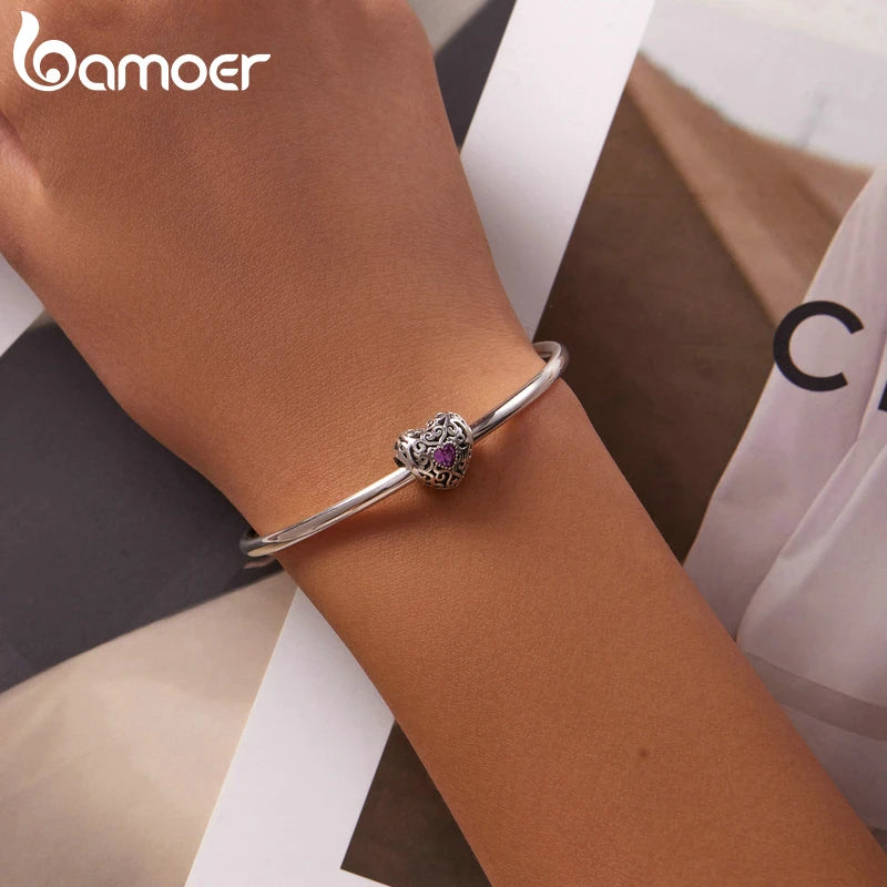 925 Silver CZ Hollow Charm Pink Gem Heart Bead Bracelet Bangle