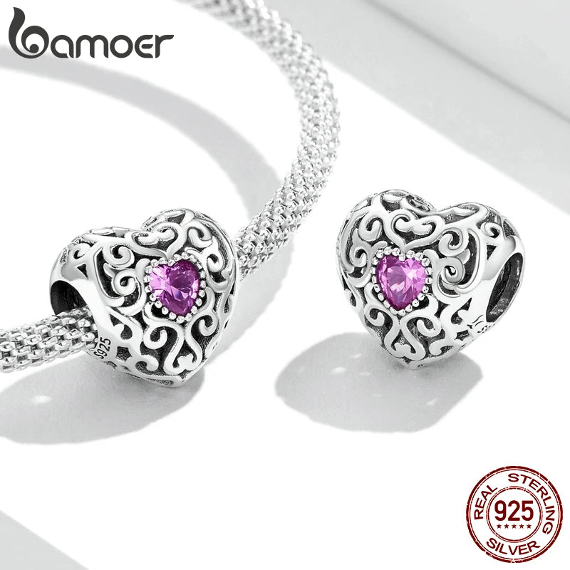 925 Silver CZ Hollow Charm Pink Gem Heart Bead Bracelet Bangle