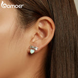925 Silver Opal Love Heart Drop Earrings Bowknot Style Gift