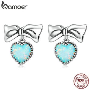 925 Silver Opal Love Heart Drop Earrings Bowknot Style Gift