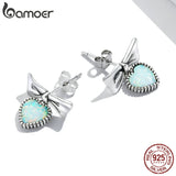 925 Silver Opal Love Heart Drop Earrings Bowknot Style Gift