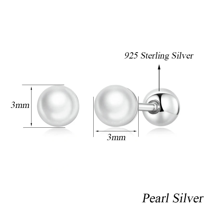 925 Silver Pearl Bead Stud Earrings Women Mini Studs Fine Jewelry