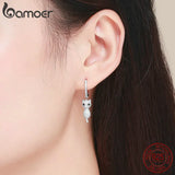 925 Silver Cat Crystal CZ Drop Earrings for Women