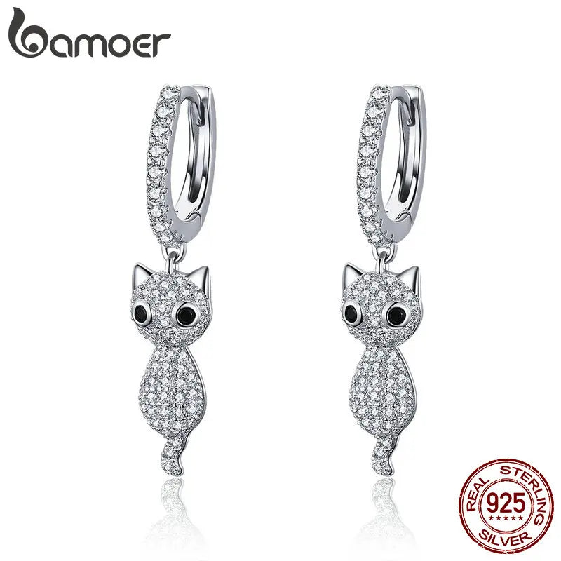 925 Silver Cat Crystal CZ Drop Earrings for Women