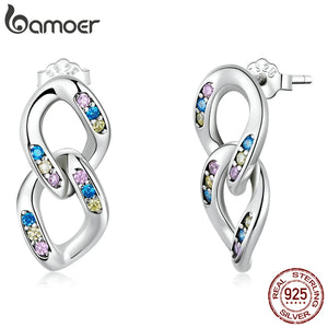 925 Silver Double Ring Chain Drop Earrings for Women Girl Ear Studs Fine Jewelry