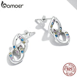 925 Silver Double Ring Chain Drop Earrings for Women Girl Ear Studs Fine Jewelry