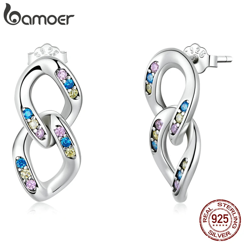 925 Silver Double Ring Chain Drop Earrings for Women Girl Ear Studs Fine Jewelry