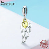 925 Sterling Silver Feathers Wings Pendant Heart Charm for Bracelet Necklace