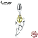 925 Sterling Silver Feathers Wings Pendant Heart Charm for Bracelet Necklace