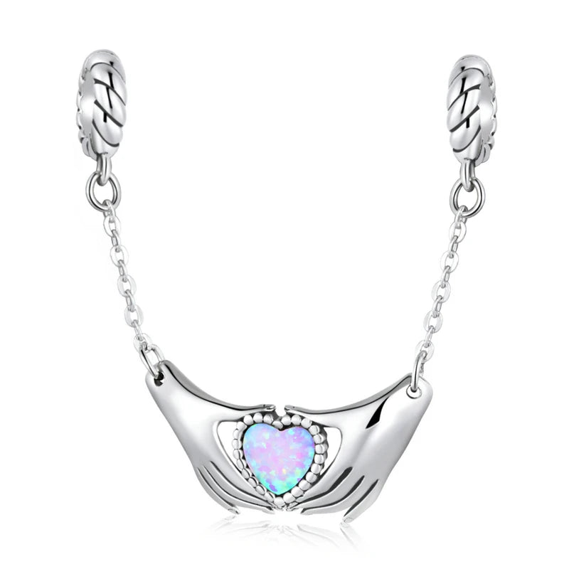 925 Silver Hands & Love Charm Opal Heart Pendant for Bracelet Women